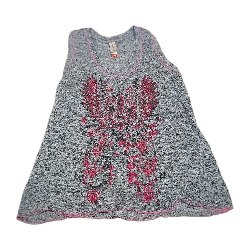 No Boundaries‎ Gray Graphic Tank Top Fleur de Lis Wings Scroll Glitter Print Y2K